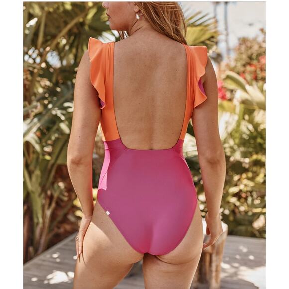 NWT Summersalt The Ruffle Backflip One Piece Swimsuit Size 6 Hibiscus Tangerine - Picture 2 of 6
